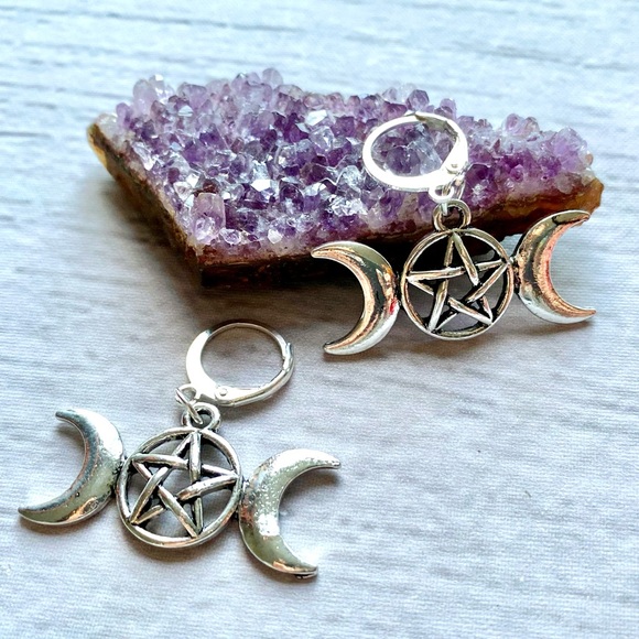 Pentagram & Triple Moon Pierced Hoop Earrings - Picture 2 of 3